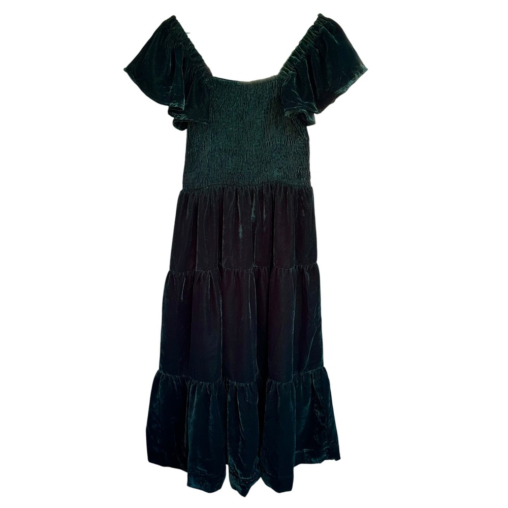 Oak Lane Velvet House Dress Green Smocked Tiered Flutter Sleeve Midi Maxi Large